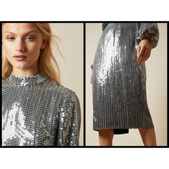💕TED BAKER LONDON💕 Ophilla Long Sleeve Sequin Mini Dress Gunmetal 6 NWT - Picture 3 of 16